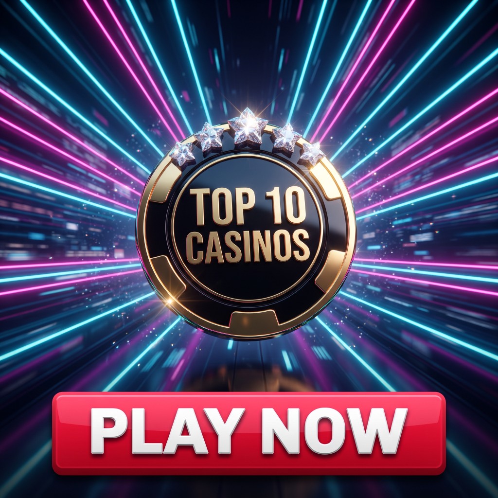 Black and gold poker chip reading Top 10 Casinos with neon cyan and magenta light trails and a red Play Now button